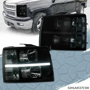 CROSSDESIGN Smoke Lens Black Housing Headlights Fit For 07-14 Chevy Silverado LED DRL Strip