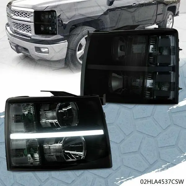 CROSSDESIGN Smoke Lens Black Housing LED DRL Strip Headlights (1 Pair Complete Set) – Bolt-On Fit Carlights, Driving Light Strip Chevy Truck Accessory for 07-14 Chevy Silverado 1500 Pickup Mods