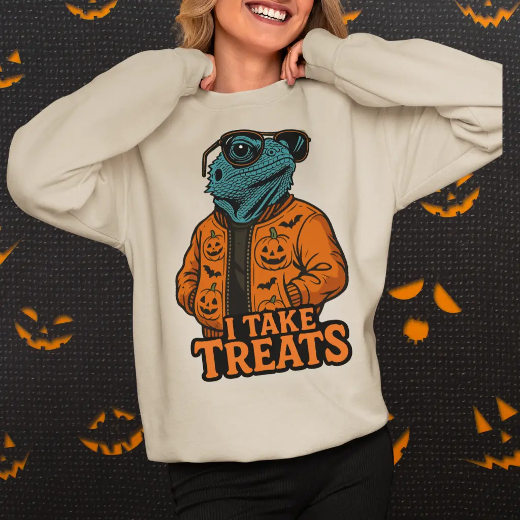 I Take Treats Unisex Crewneck Sweatshirt, Funny Halloween Bearded Dragon Shirt, Long Sleeve, Casual Cotton Blend