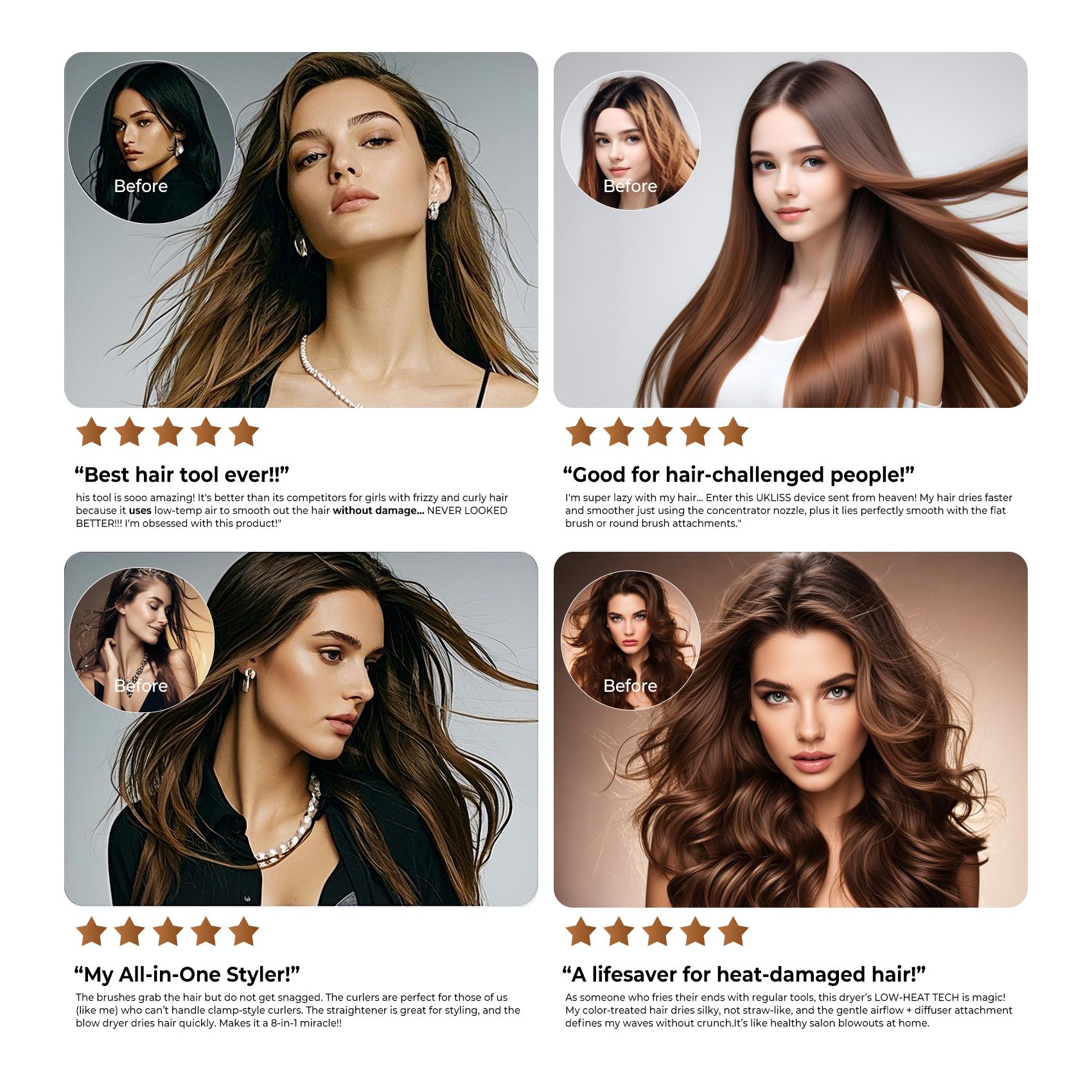UKLISS FusionAir DIY HairStyler Airstyler Champagne Gold 90-Day Free Trial & Refund 2 Year Warranty 110000RPM HairCurler + HairStraightener + HairDryer + HotAirBrush + LowTemperatureHairCare + NegativeIons + BlowoutBoost + HairDiffuser + Fluffier