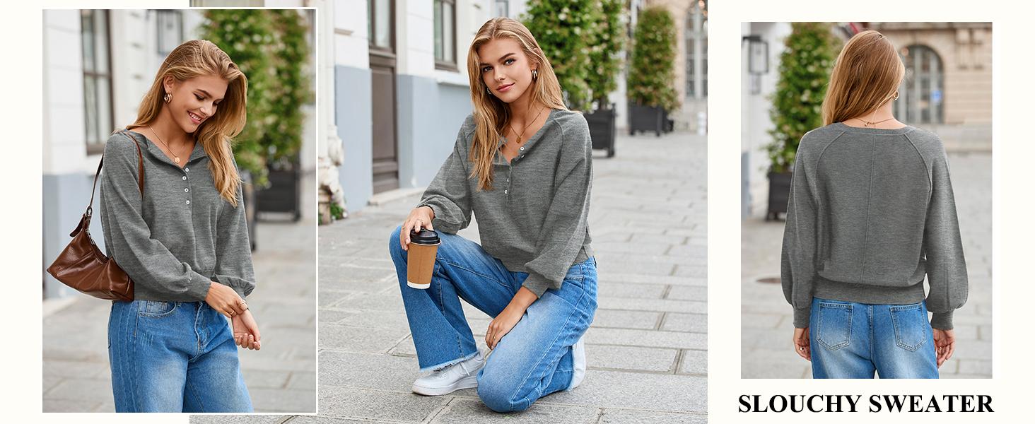 SCUSTY Womens Long Sleeve Knitting Sweater Tops Half Button Sweaters Henley Neckline Casual Lightweight Solid Pullover Knitting Knitting