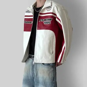 1985 letter-print Y2K racing-style windbreaker for couples—loose fit, windproof cycling jacket; black/white or white/red color-block design with vintage print and a matte PU leather exterior; fits various body types; pairs well with sweatshirts and T-shir