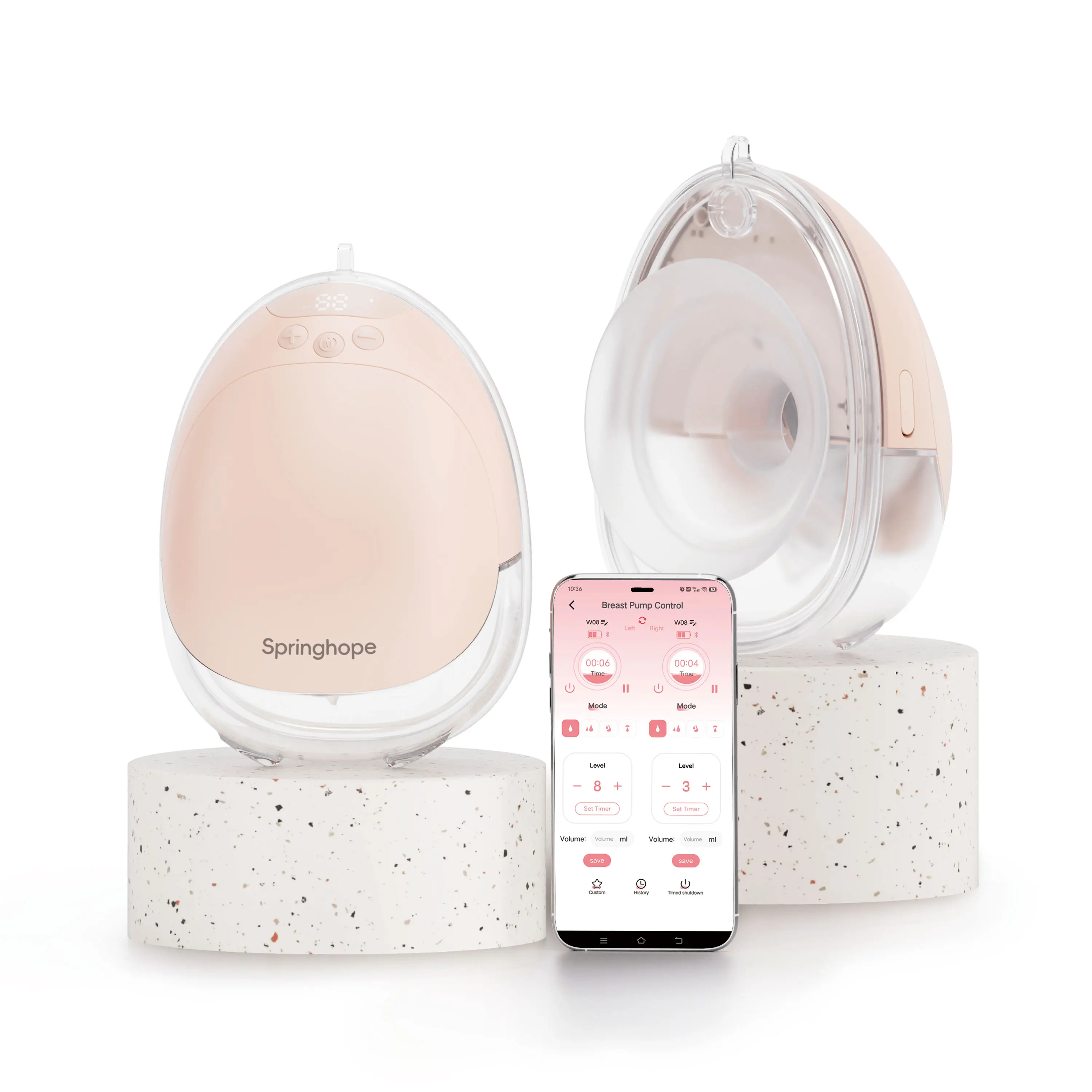 Springhope W08 Wireless Double Wearable Breast Pump, Electric Hands-Free Pumping Device with APP Control, 4 Modes & 12 Levels Strong Suction, 210ml/7oz Large Capacity Bottles, 28mm Silicone Shield with 19/21/24mm Flanges