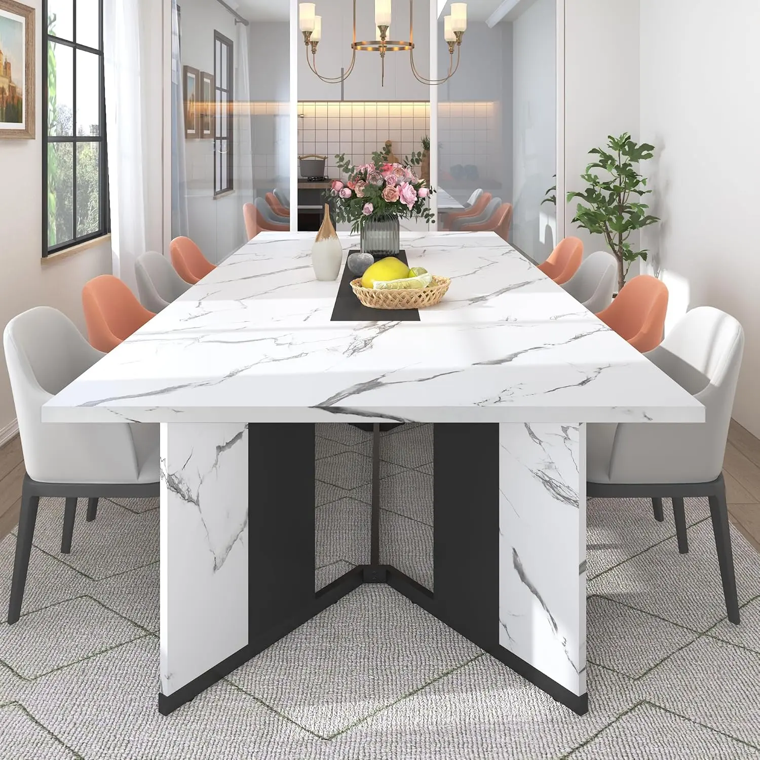 94In/78In/71In Large Rectangular Brown Dining Table for 4 5 6 7 8 People w/35 Marble-Color Wood Watrproof Tabletop,Adjustable Leg.6ft Luxurious Family Dinner Table for Office Kitchen Living Room (not included Chair)