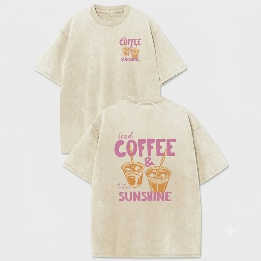 Oversize Acid Wash Vintage "Iced Coffee & Sunshine" Pattern T-Shirt, Coffee Lover Casual Graphic Tee, Heavyweight Cotton Streetwear Vintage Tees Unisex Crewneck Tshirt Unisex / Men & Women