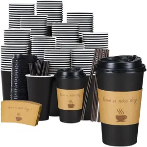 16 oz Coffee Cups 50 Pack, Disposable Coffee To Go Cups with Lids, Stir Sticks and Sleeves, 16 oz Black Hot Paper Cup for Home, Travel, Office