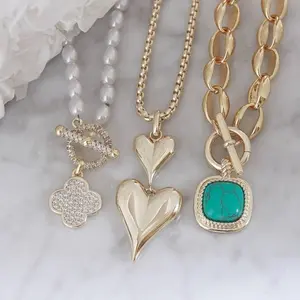 Shop The Look- Pearl Pave Quatrefoil Toggle Necklace, Double Heart Necklace and Turquoise Toggle Necklace