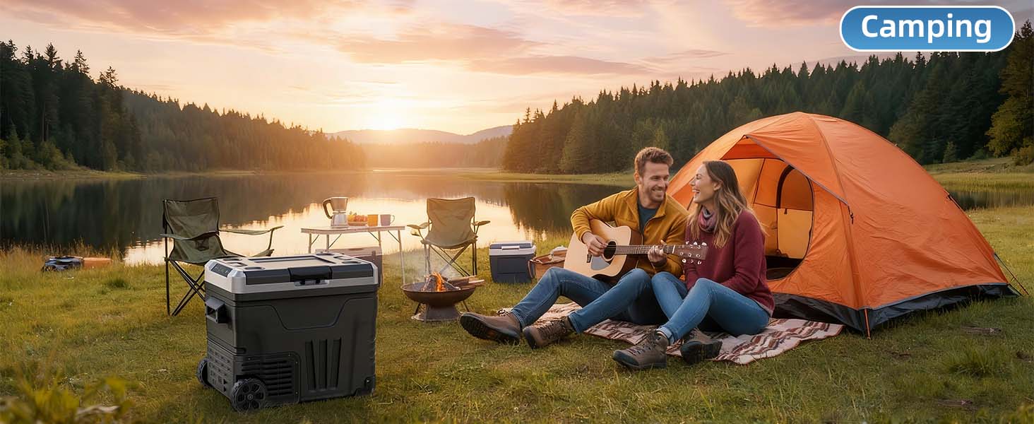 EUHOMY 12V Refrigerator (24/37/53Quart /23L/35L/50L) supports 12V/24V DC & 110-240V AC. Portable with -4°F~68°F range, it features wheels, 2 baskets, and large cooling zone. Ideal for RVs, travel, Truck, Boat, Insulated Portable Cooler, Cooler Carry Handl