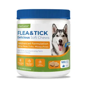 OURCARES Dog FLEA& TICK Prevention Formula Upgrade 100 Soft Chews Treats for Dog Plant-Based with Coconut Oil Flaxseed Oil -Vet-Reviewed Premium Ingredients for All Breeds