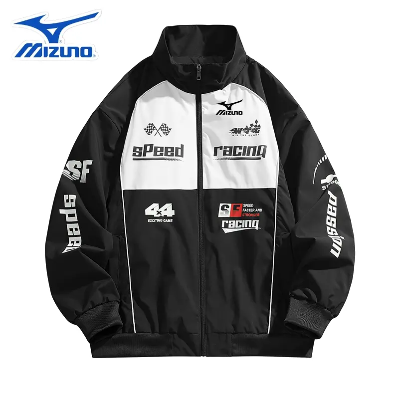 Mizuno Retro Racing-Inspired Bomber Jacket - Lightweight Stand-Collar Windbreaker Tops for Streetwear, Everyday Wear & Outdoor Activities, Pair with Denim, Sneakers, Tee, Vibe, Classic, Cargo, Graphic, Sport, Casual, Coats, Loose