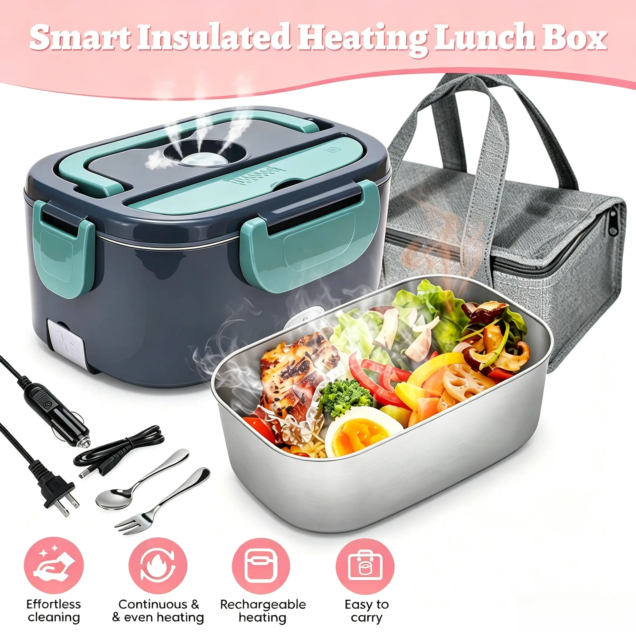 304 Stainless Steel Fast-Heated Electric Lunch Box Set with Detachable Tray, Lightweight Tableware, Insulated Carry Bag, for Home & Office Use