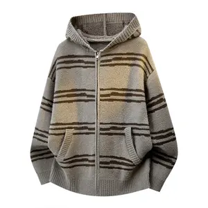 Men’s hooded cardigan, loose and relaxed autumn knit jacket; men’s striped college-style hooded cardigan; retro minimalist sweater; unisex couple-style slouchy base layer long-sleeve top/jacket; soft and comfortable fabric, suitable for everyday wear.