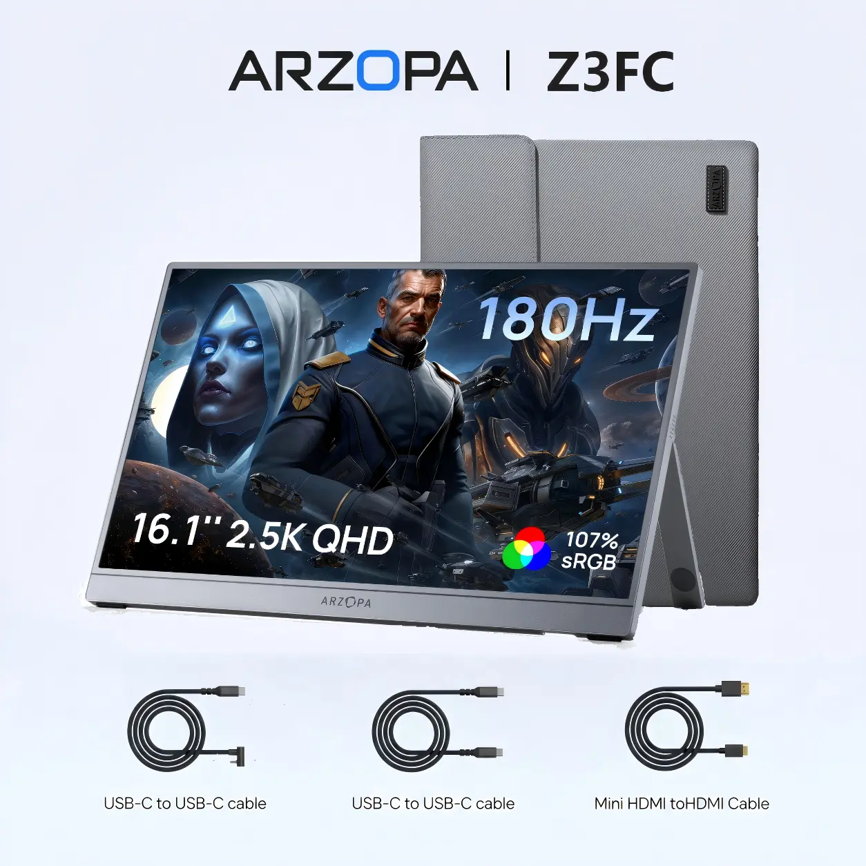 ARZOPA  Z3FC 16.1" Portable Gaming Monitors – 2.5K QHD – 180Hz@DP, 144Hz@Hdmi, Ultra Slim External Display for Laptops Gaming PC PS5 Xbox Mac with Built-in KickStand & Dual Speakers – Gray
