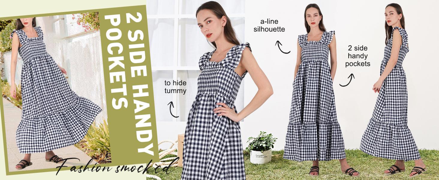 Ebossy Women's Summer Khaki Retro Plaid Smocked Dress Sleeveless Spaghetti Strap Flounce Long Dress Casual Womenswear Bohemian Sundresses Ebossy Women's Summer Khaki Retro Plaid Smocked Dress Sleeveless Spaghetti Strap Flounce Long Dress Casual Womenswear Bohemian Sundresses