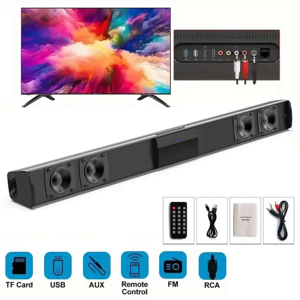 Universal Sound Bar - 4-Speaker High-Power Audio System, Wireless Enhanced Home Theater System for Smart TV, Adjustable Speakers & Subwoofer, Remote Control, Compatible with PC Games & Projectors