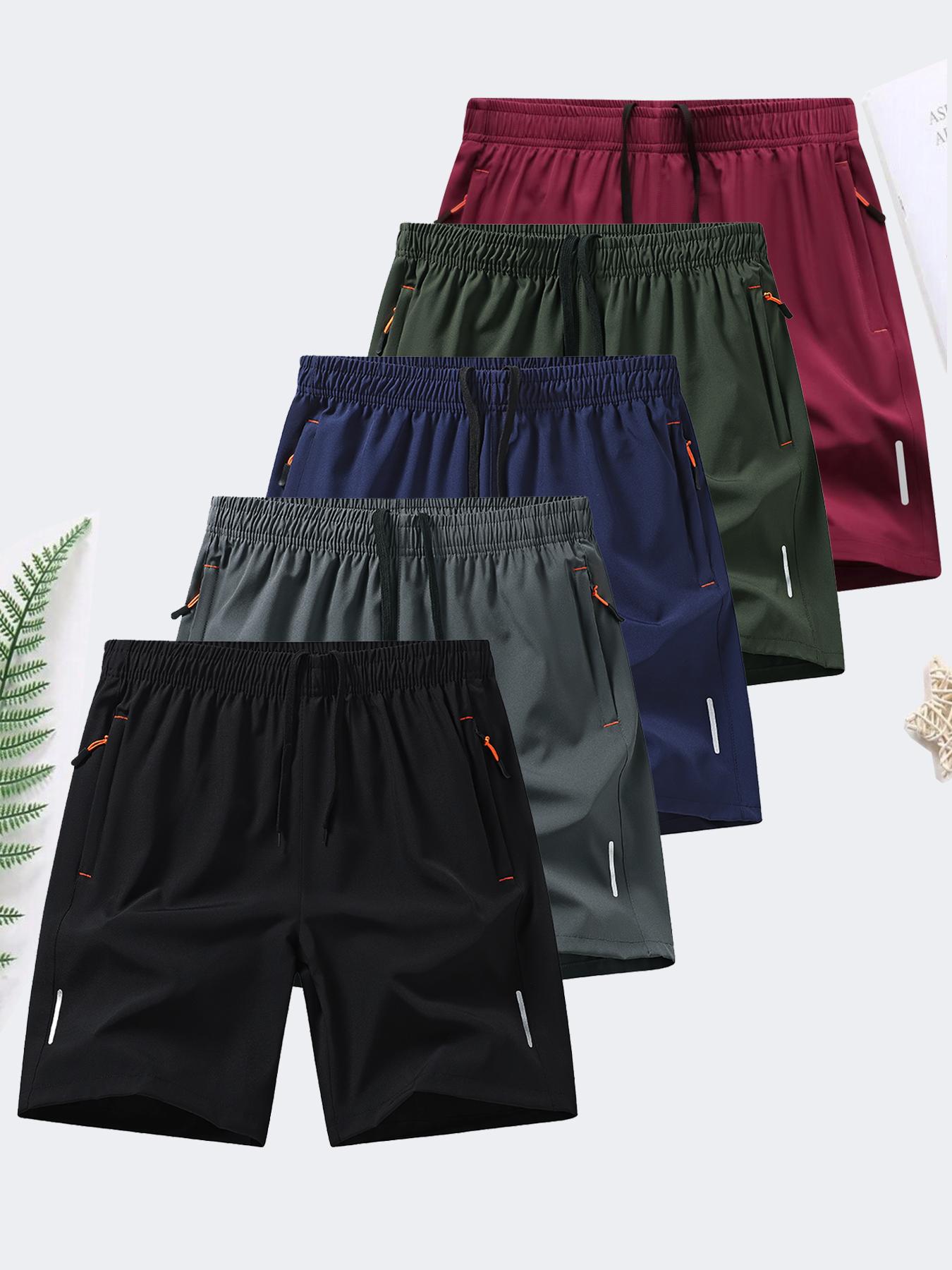 6-piece set, men's zipper pocket shorts, summer ice silk beach shorts, ice-sense quick-dry sports casual pants, basketball shorts thin, plus-size men's clothing reflective strip design,  Menswear，Plain Trouser，suitable for running and fitness. Beige
