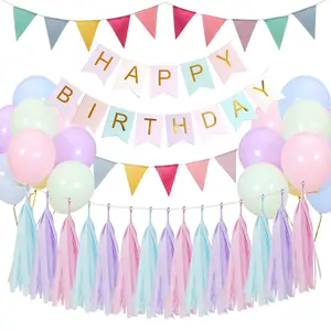 Pastel Birthday Decorations for Girls Women, Pastel Balloons & Birthday Bunting, Macaron Happy Birthday Banner & Latex Balloons, Birthday Party Decorations for Children Indoor & Outdoor