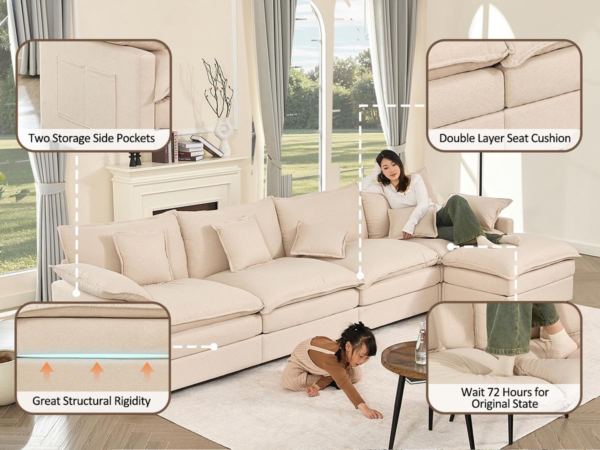 【2 Packages Shipping】GOSUHI 108" U-Shaped Modular Sectional Sofa - Comfy Cloud 3-Seater with 2 Movable Ottoman, Cloud Sofa,Deep Seat Linen Couch for Living Room, Beige Color ,Comfort & Stylish Design,Chenille pink