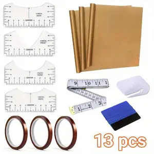 13 Pcs Sublimation Shirt Tool Kit,Includes 4 T Shirt Rulers,3 Teflon Sheet,3 Rolls Heat Resistant Tape,1 Tape Measure,1 Squeegee,1 Cutter Tool,Craft Sewing Supplies and Accessories,Tools & Hardware