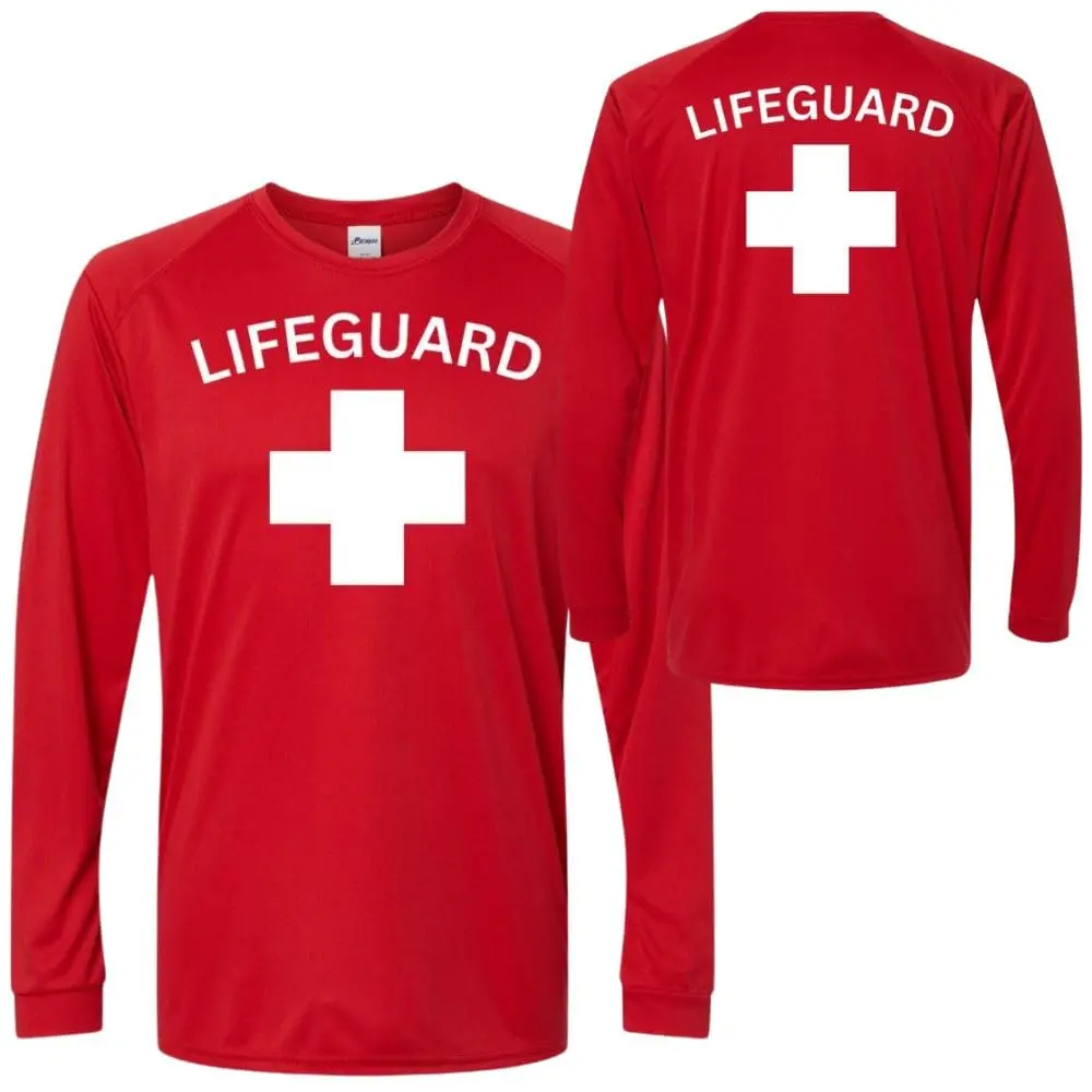 Women's Classic Red Crew Neck Long Sleeve Lifeguard Uniform T-Shirt - Moisture Wicking Polyester, UPF 50+ Sun Protection, Bold Text, Pool-Ready Performance Top