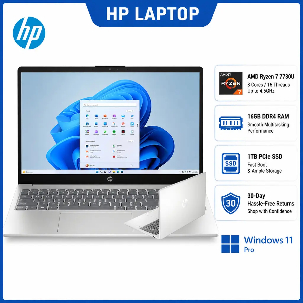 HP 15.6" FHD Touchscreen Laptop, AMD Ryzen 7 7730U, 16GB RAM 512GB SSD,AMD Radeon Graphics, WiFi 6, Long Battery, HD Webcam, Copilot Key, Windows 11 Pro, Silver,W/Accessories