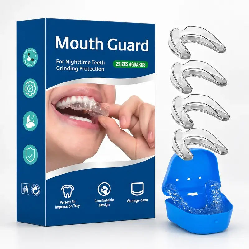 Mouth Guard for Teeth Grinding, 4 Pack Reusable Custom Fit Dental Guards in 2 Sizes for Adults, Teens & Child - Soft EVA Sports Accessory with Case, Easy To Carry, Dental Accessories, Children, Moldable, Comfortable Design, Nighttime, Multi-Pack, Stop Gri