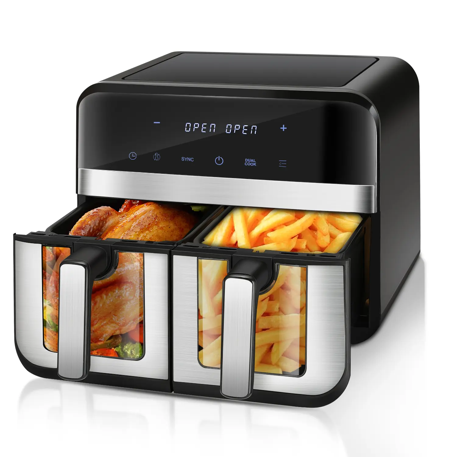 OYAJIA Dual Zone Dual Basket Air Fryer with US Plug, 9.5qt/8L Large Capacity, 2400W 110V, 2 Nonstick Baskets, 8 Presets, Match Cook, Smart Finish, Fast Cook, Energy Saving, Dehydrate Frozen, for Family Meals & Entertaining Guests (5-8 People), Meal Preppi