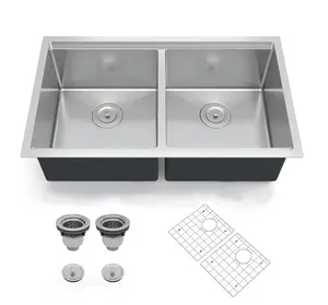 Garvee Kitchen Sinks,33×19×10 inch Double Bowl Undermount Workstation Kitchen Sink – 16 Gauge Stainless Steel, Brushed Finish, Deep Basin with Ledge, Bottom Grids & Drain Assembly Included