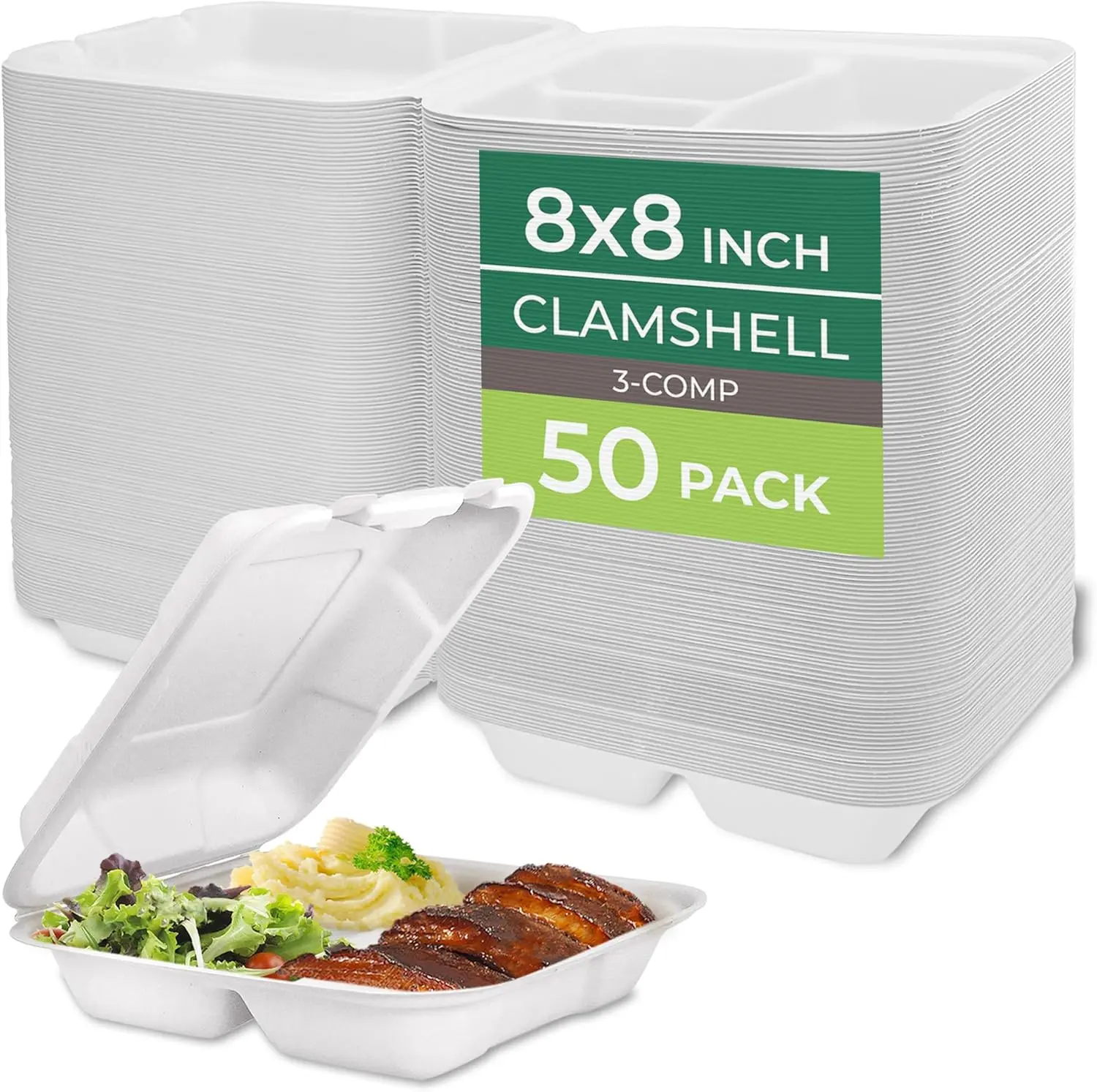 FRESHWARE 8x8in 3-Compartment Solid Bamboo Fiber Clamshell Food Containers (50 Pack) - Disposable Compostable Tableware Set, Heavy-Duty, Leak-Resistant, Microwave-Safe, Eco-Friendly, Chlorine-Free, Oil-Separating, for Anniversary, Birthday, Meal Prep