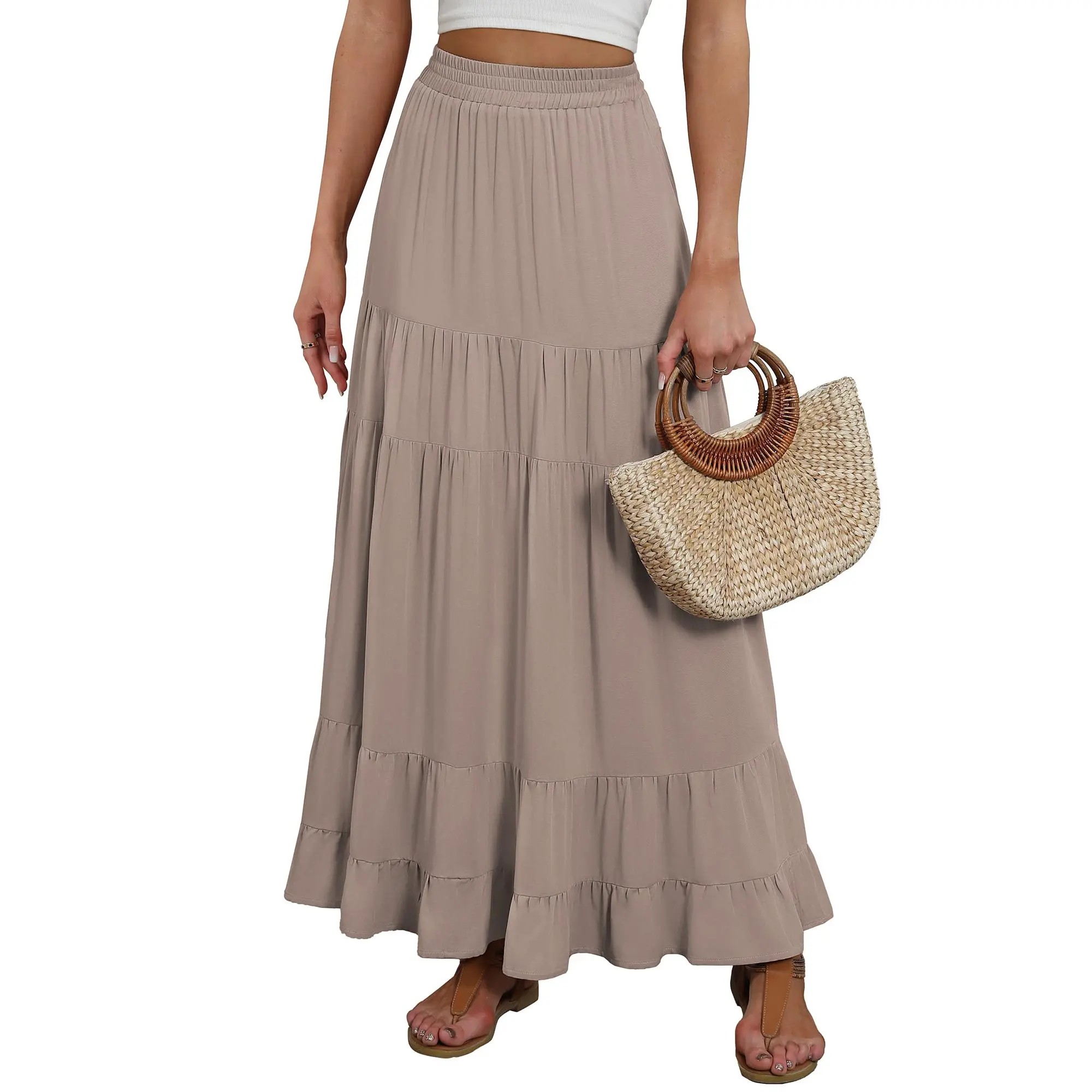 ANRABESS Womens Maxi Skirt Elastic High Waist Swing Tiered A-line Flowy Pleated Boho Beach Vacation Long Skirts Summer Fit