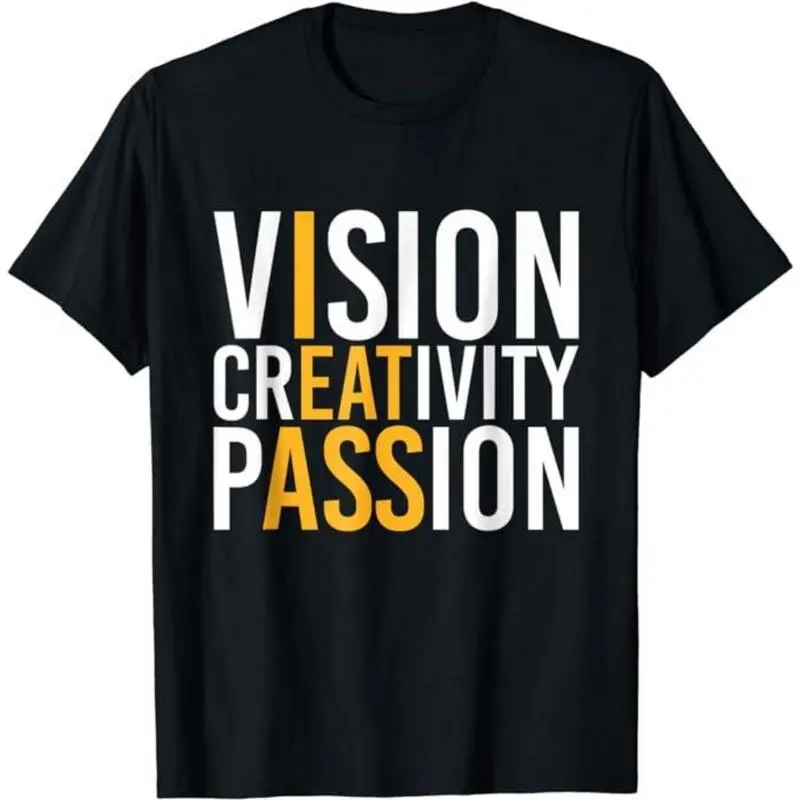 Unisex Casual Cotton Twill Apparel T Shirt - Relaxed Fit, Breathable Cotton Tee, Casual Crew Neck, Short Sleeve, Digital 'Vision Creativity Passion' Artwork Tee, Streetwear Sports Top, Fade-Resistant, M, Custom Orders, Menswear