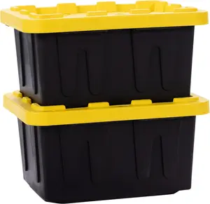 Plastic 5-Gallon Stackable Storage Tote with Lockable Lid 2-Pack Black Yellow