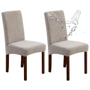 2PCS Waterproof Chair Covers for Dining Room, Stretch Parson Chair Slipcovers for Kitchen Chairs, Washable Chair Protectors, Leaves-Warm Gray