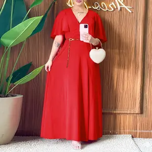 CHICME Women's Overlap V-Neck Asymmetrical Ruffles Cape Design Cinched Waist Maxi Dress/Summer Dress Elegant Shirred Back Evening Dress without Belt Casual Formal