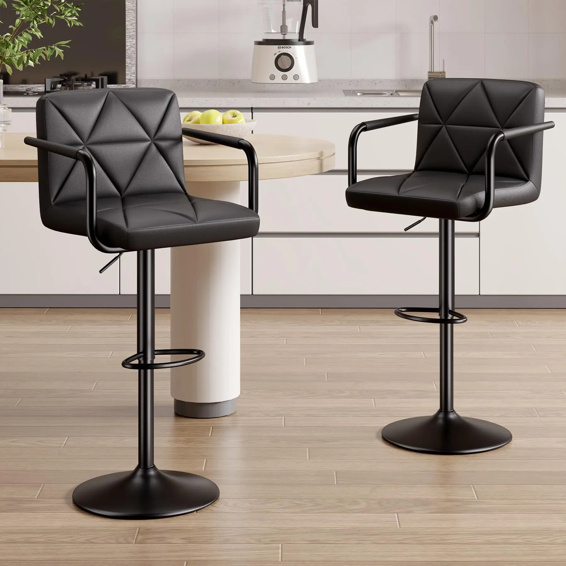 Set of 2 Black PU Leather Swivel Barstools - Indoor Counter Height Furniture with Back & Arms, Adjustable Height 25.5-34.5 IN, 360-Degree Rotation, Chair,dorm essentials,home decor