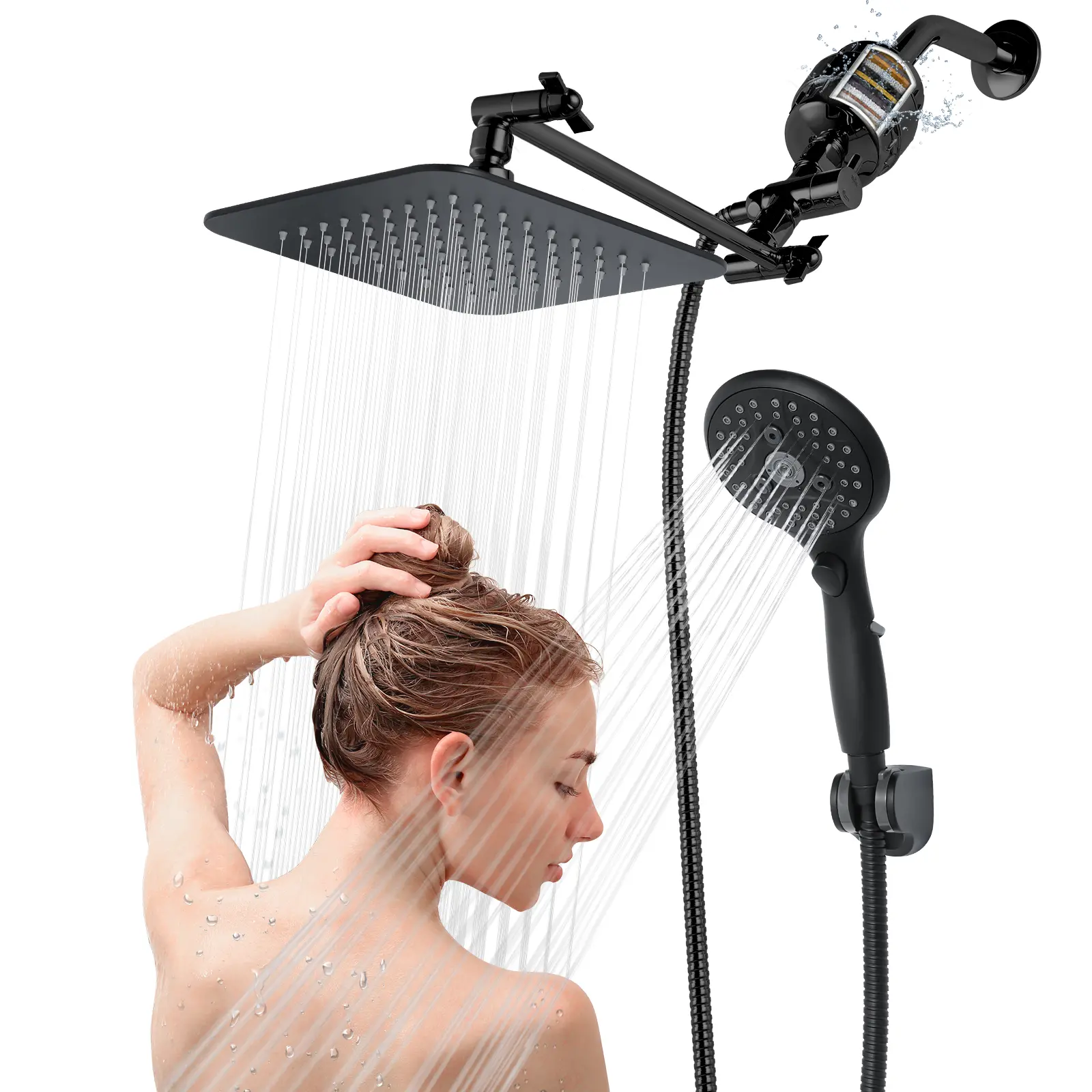 VXV 8-in Dual 20-Stage Filtered Shower Head Combo with Handheld Shower Attachment, Wall Mount, 6 Spray Settings, High-Pressure Rainfall, Mist Shower Head, Pause Function, 13-in Adjustable Extension Arm, 71-in Hose, Home Spa Upgrade, Pause Shower Head