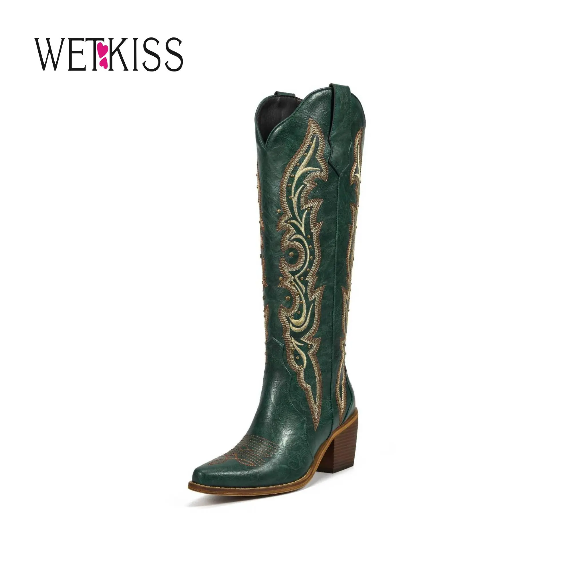 Wetkiss Studded Knee-High Cowboy Boots for Women – Embroidered Western Cowgirl Boots with Chunky Heel, Fashion Statement Boots (Green/Brown/Red) #WeeklyDeals#tiktokshopbacktoschool #tiktokshopsummersale