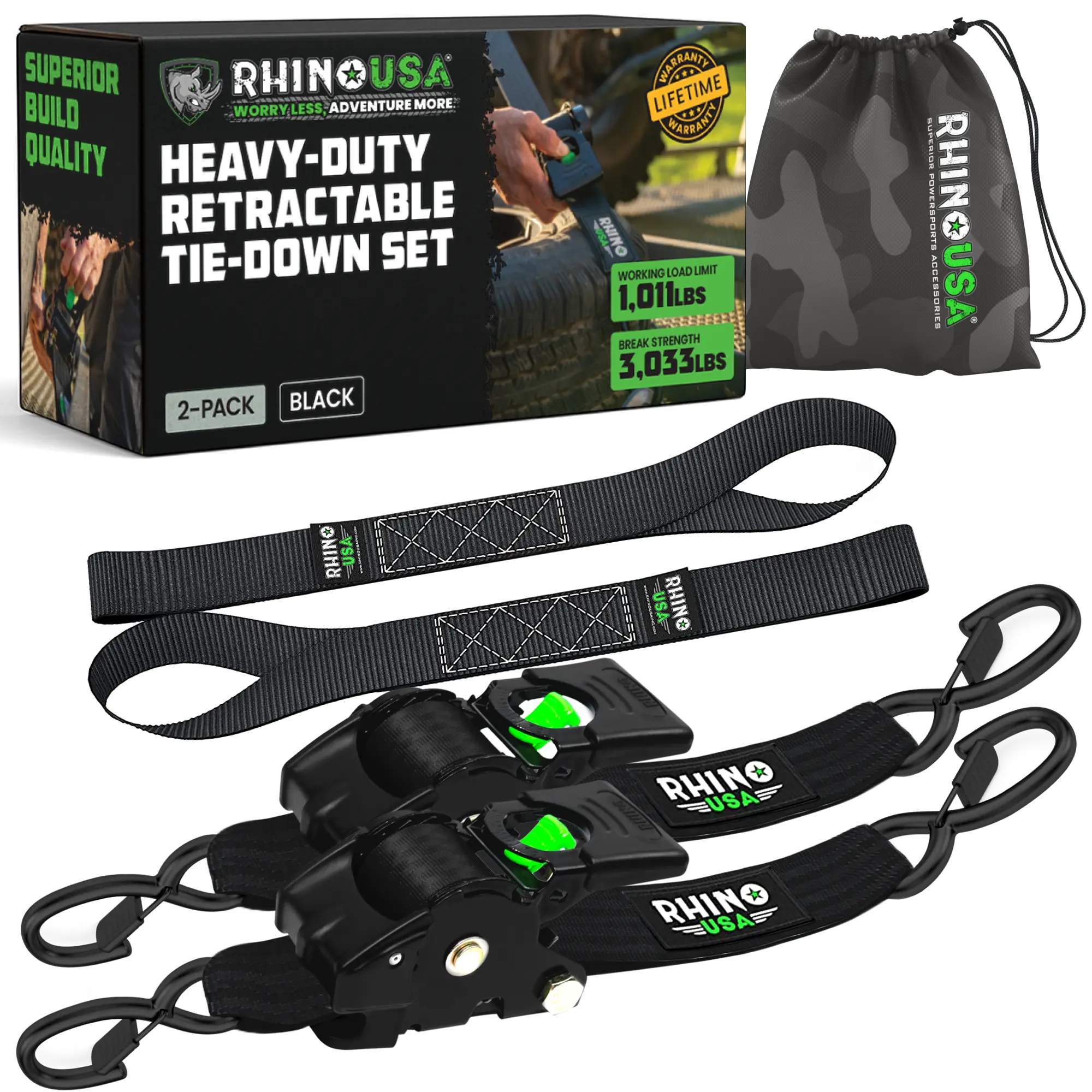 Rhino USA 2" x 10' Retractable Ratchet Straps 2- or 4-Pack - (3,033lb Break Strength) - Heavy Duty Self Retracting Tie Down Straps for Truck, Cargo Trailer