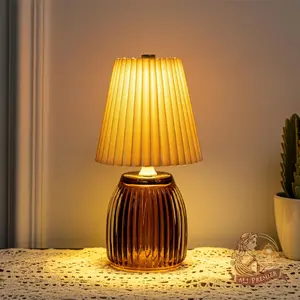 MJ Cordless Lamps with Timer Battery Operated Pleated Lamp Shade for Home Decor Emergency Battery Powered Bedside Lamps for Livingroom Bedroom Home Decor Beige