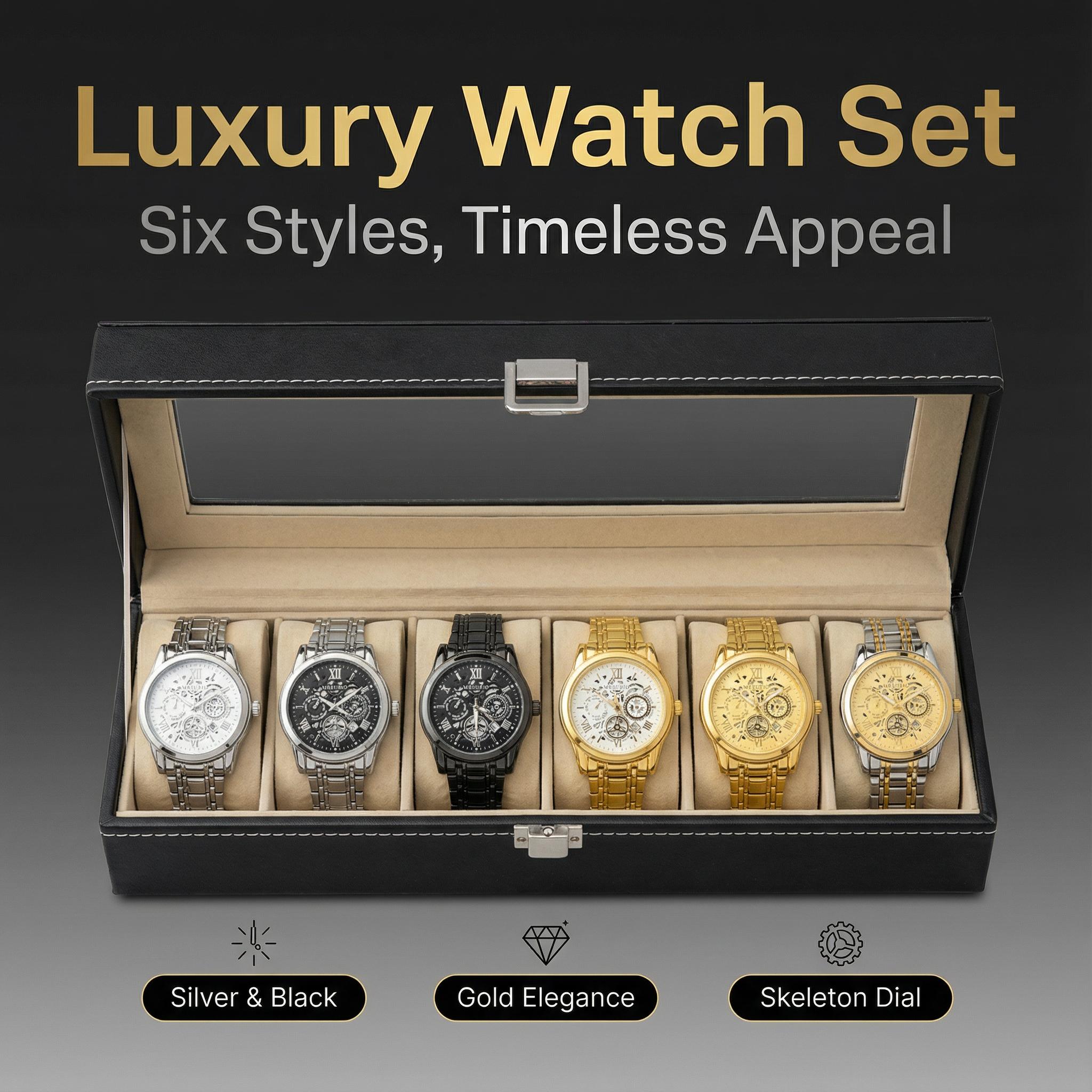 Valentine's Day 6 in 1 Men's Watch Set Iced Watches Dress Sport Casual Styles with Leather Box Perfect Gifts for Dad Husband 2025 New Release