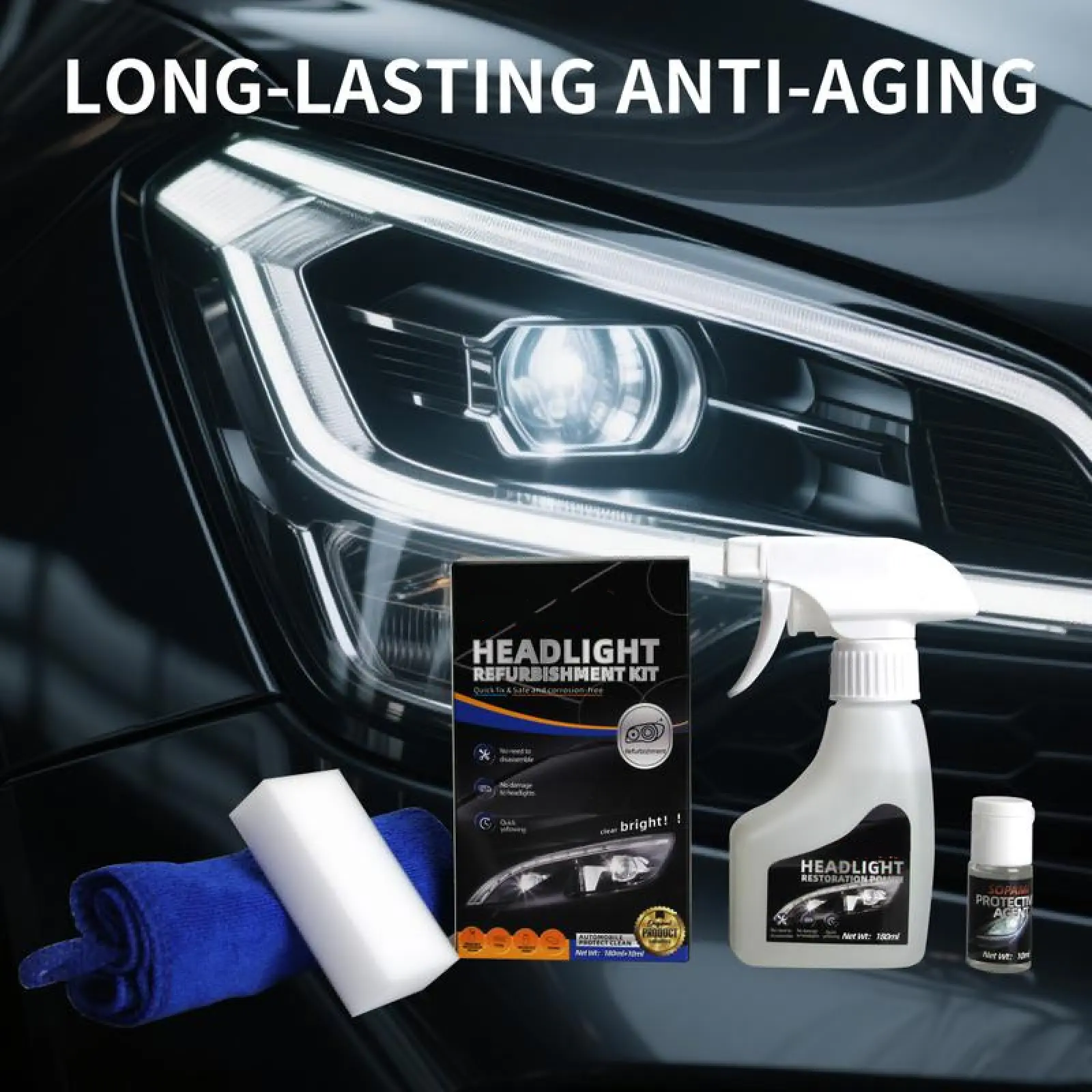 Automotive Headlight Restoration Fluid - Vehicle Headlamp Restoration Solution for Oxidized and Yellowed Finish, Blur Correction, Enhanced Crystallization Coating Refurbishment