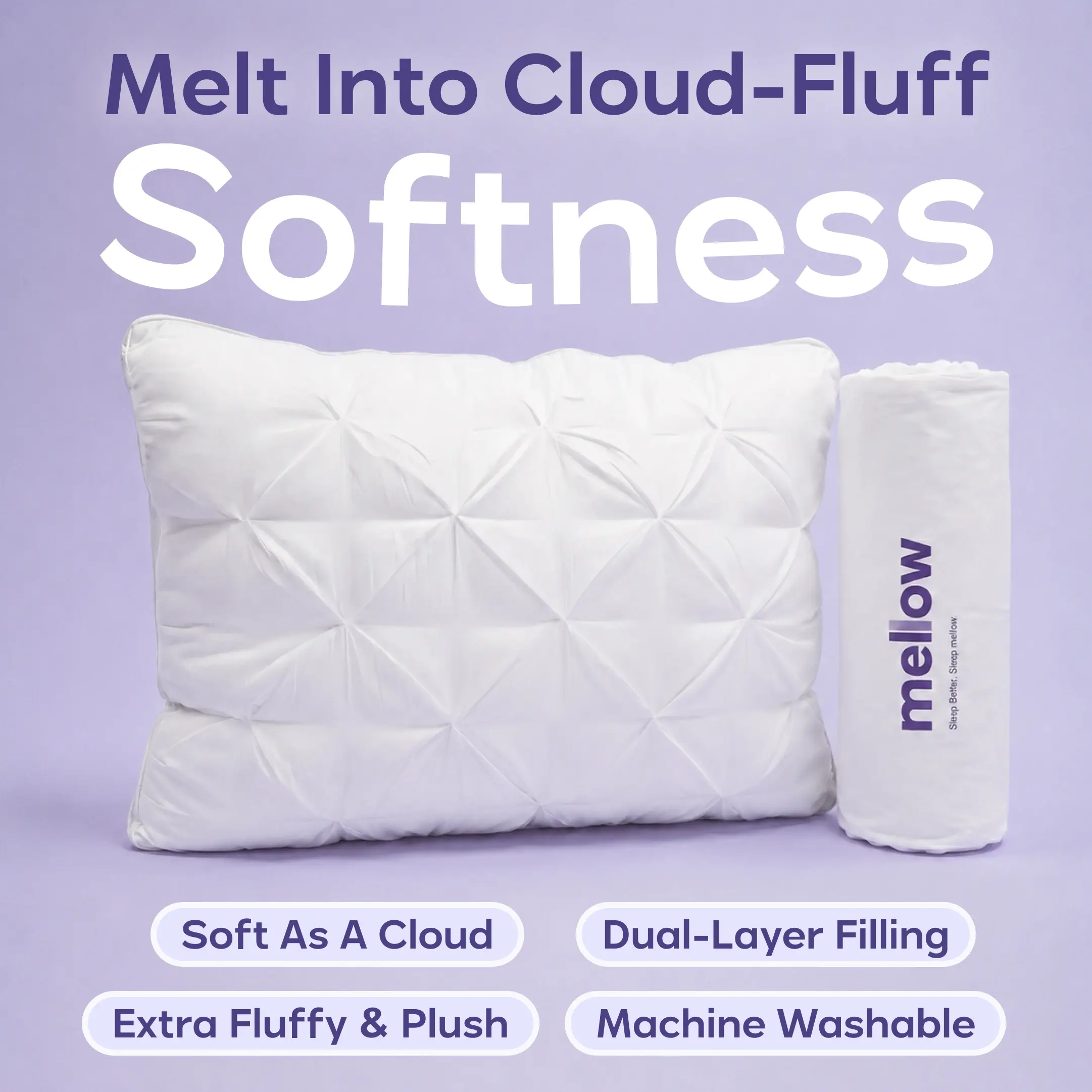 Mellow Sleep | Ploof Pillow – Extra-Fluffy Dual-Layer Pillow, Cloud-Like Soft Plush Bed Pillow with Breathable Support, Never Flat, Neck-Cradling Comfort for Side, Back & Stomach Sleepers, Machine Washable