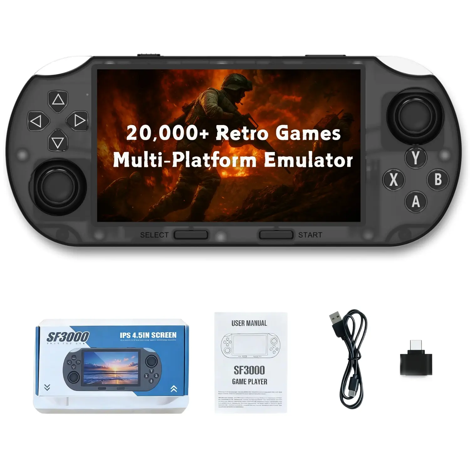 Pro Retro Handheld Video Games Console - 4.5in IPS Screen, Dual Joysticks, Dual Core Processor, 20000+ Built-in Games, E-Book, Music, Video Support, Multiple Emulators, Manufacturer Warranty, Manufacturer Warrenty, Handheld Gaming Console, Retro Games