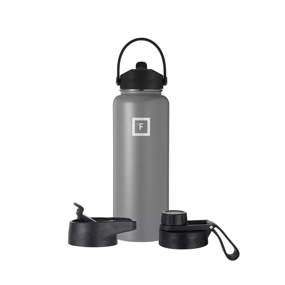 IRON FLASK 40oz Stainless Steel Wide Mouth Thermal Water Bottle with Leakproof Plastic Straw Lid, Engraved Graphite Black - Insulated, Reusable, Pour-Friendly for Outdoor Use