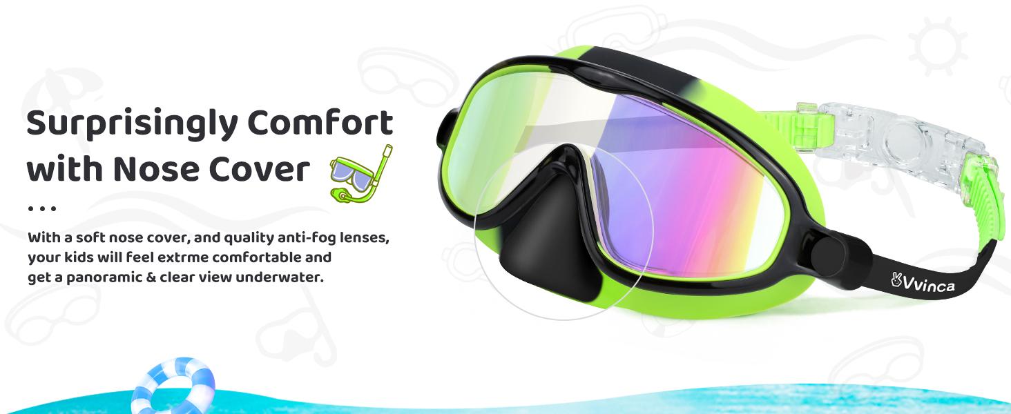 [Brandday][Memorialday]Vvinca Swim Goggles 2 Pcs with Nose Cover for Ages 3-12+ Kids,Youth,UV Protection Anti-Fog Wide View Anti-Shattered Lens for Boys and Girls - Safety anti-uv swim glass anti-fog swimming goggles for Outdoor, Lake,Beach, Summer Party
