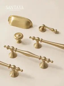 Santaya Nordic Solid Brass Brushed Round Knob Kitchen Cabinet Handle Gold Wardrobe Long Handle Luxury Furniture Hardware