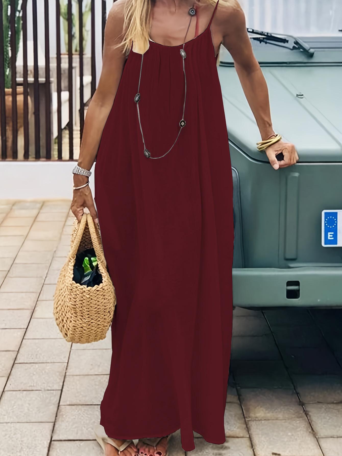 Plus Size - Plus Size - 2026 New Women'S Camisole Backless Loose Long Home Wear Dress |         Beach Skirt Swimsuit, Sleeveless, V-neck, Medium Stretch, Straight Hem, Random Print, Elegant Style/