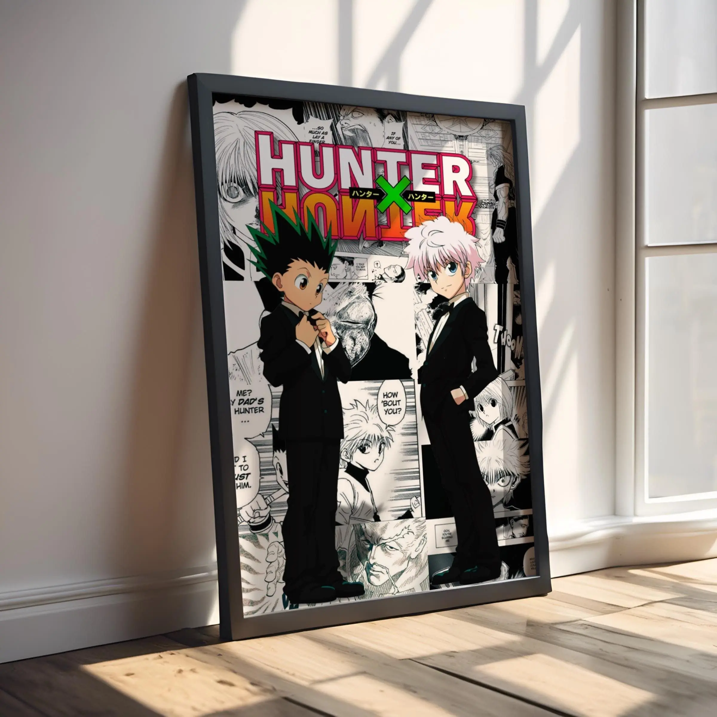 Anime Style HxH Gon and Killua Thick Satin Glass Photo Print - Unframed Resin-Coated Comic Art Graphic Poster, Protective Tube-Packaged Kid Room Home Decor for Shonen Jump Fans