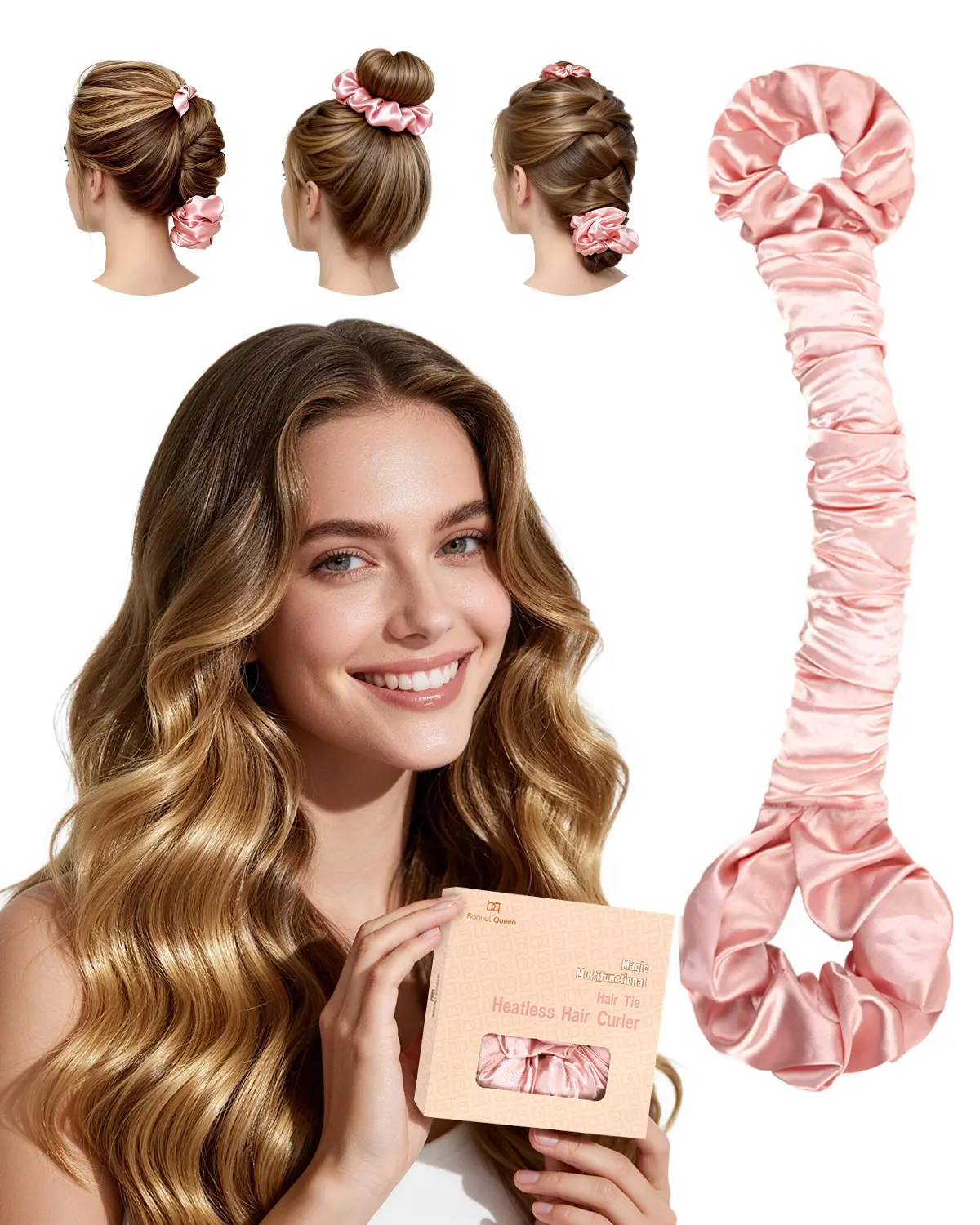 BONNET QUEEN Multi-function Satin Heatless Hair Curler & Hair Tie Non-Heating Hair Roller Curling Rod with Scrunchie, Large, champagne(For Big Curls), Hair Curling Rods,back to school