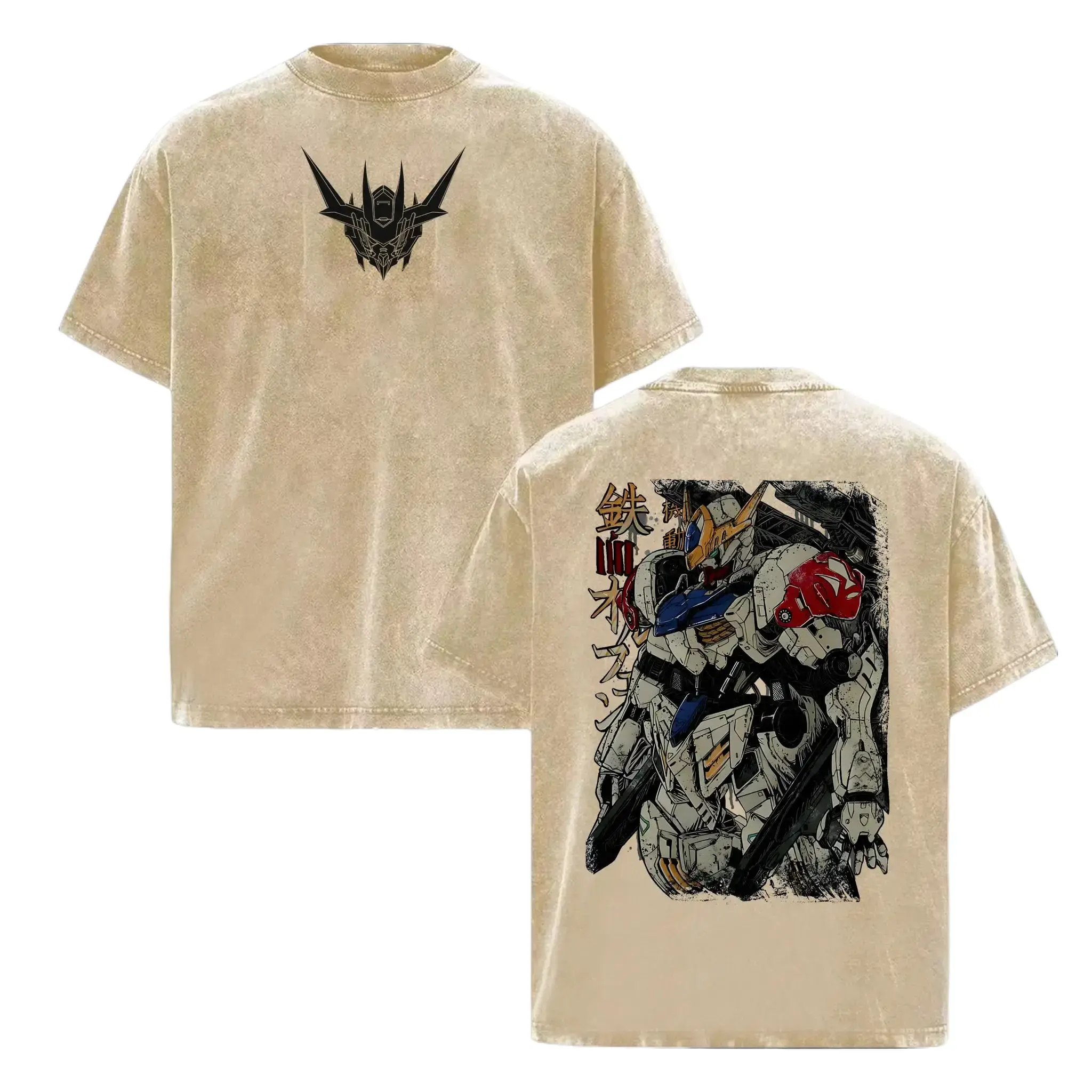 Men's Retro Gundam Barbatos Graphic T-Shirt - Unisex Casual Oversized Round Neck Heavyweight Vintage-Wash Cotton Tops, Double-Sided Print Short-Sleeve, Shortsleeve, Casual T-Shirt, O Type